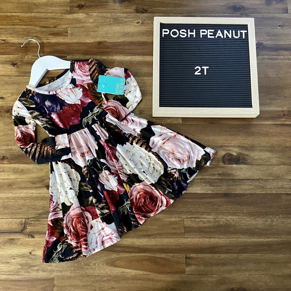 NWT Posh Peanut Zoey Long Sleeve Twirl Bamboo Black Cream Pink Red Floral Dress